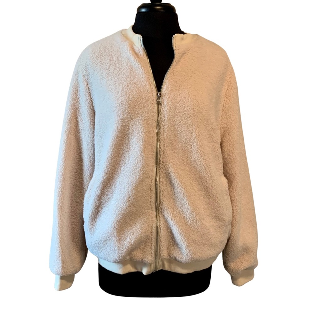 Cream Sherpa Bomber Jacket XL Faux Teddy Full Zipper